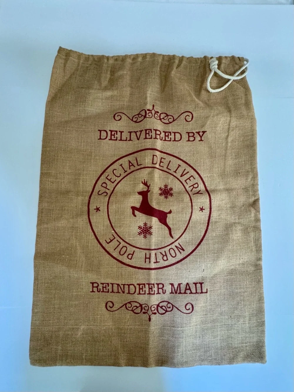 Rustic Burlap Christmas Santa Sack Reindeer Mail Drawstring Gift Bag Large 33x24